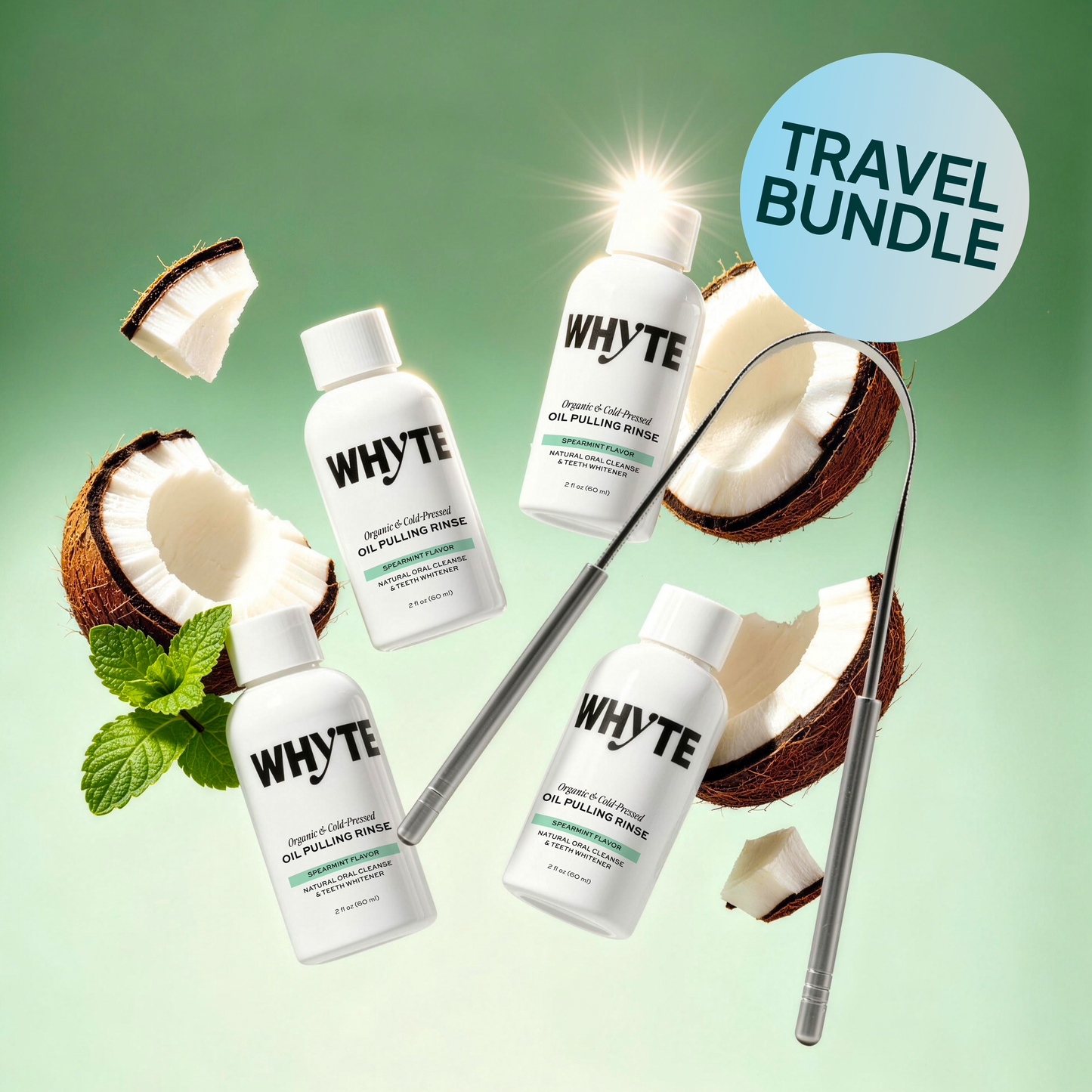Travel Bundle: 4 Mini Oil Pulling Rinses + Stainless Steel Tongue Scraper