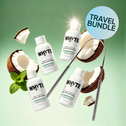 Travel Bundle: 4 Mini Oil Pulling Rinses + Stainless Steel Tongue Scraper