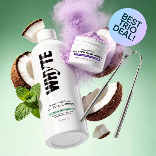 The WHYTE Trio: Oil Pulling Rinse + Purple Whitening Powder + Tongue Scraper
